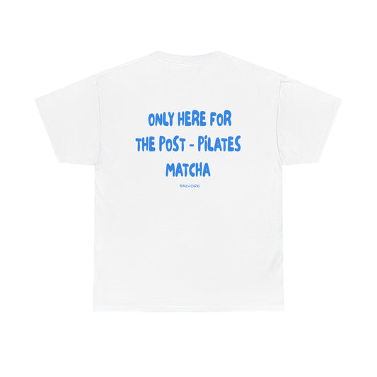 White t-shirt with blue text on a white background