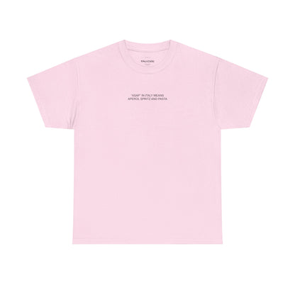 Pink t-shirt with text on a white background