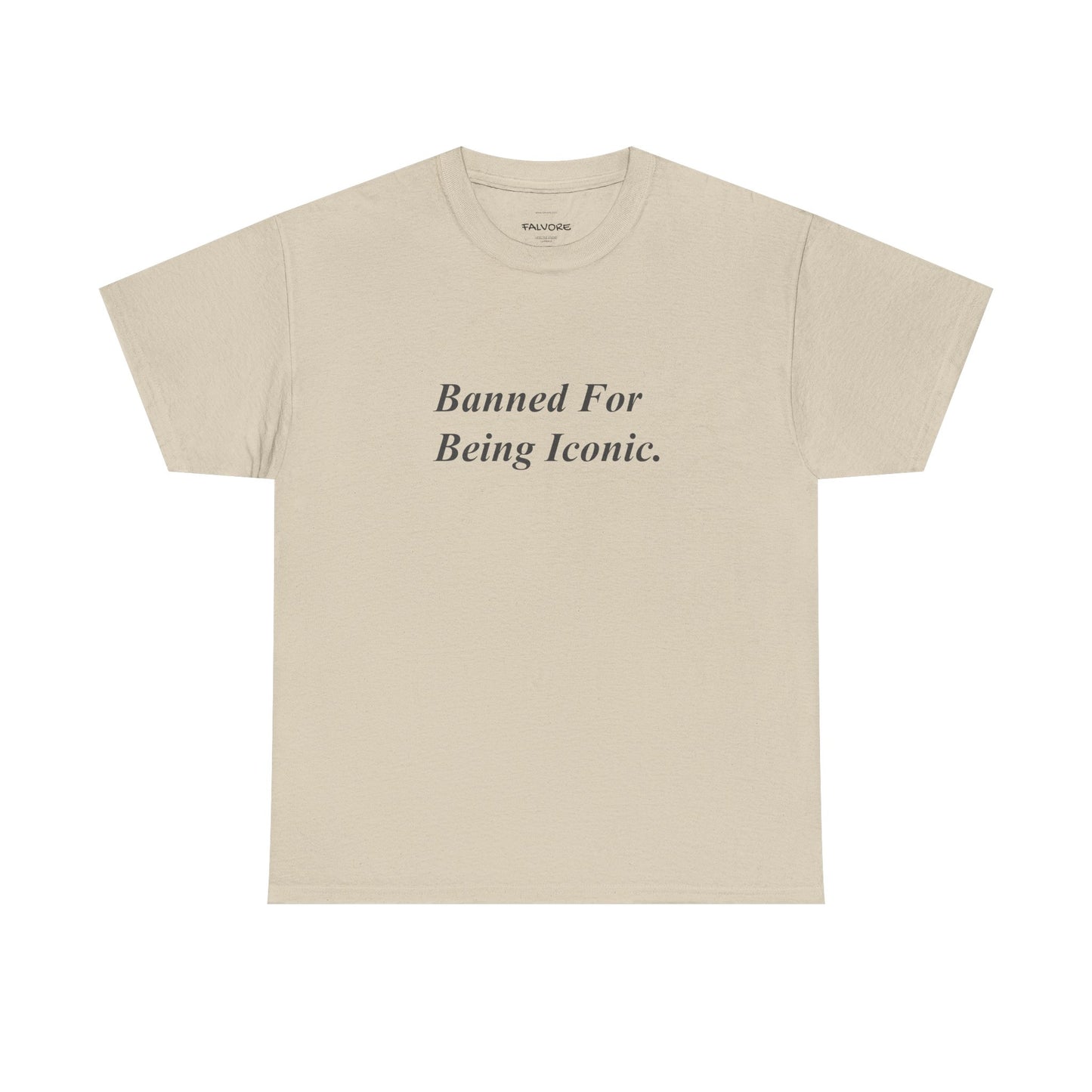Beige t-shirt with black text on a white background
