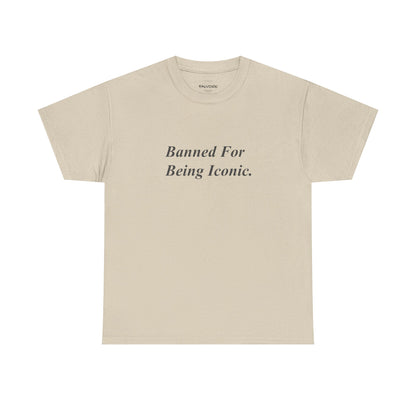 Beige t-shirt with black text on a white background
