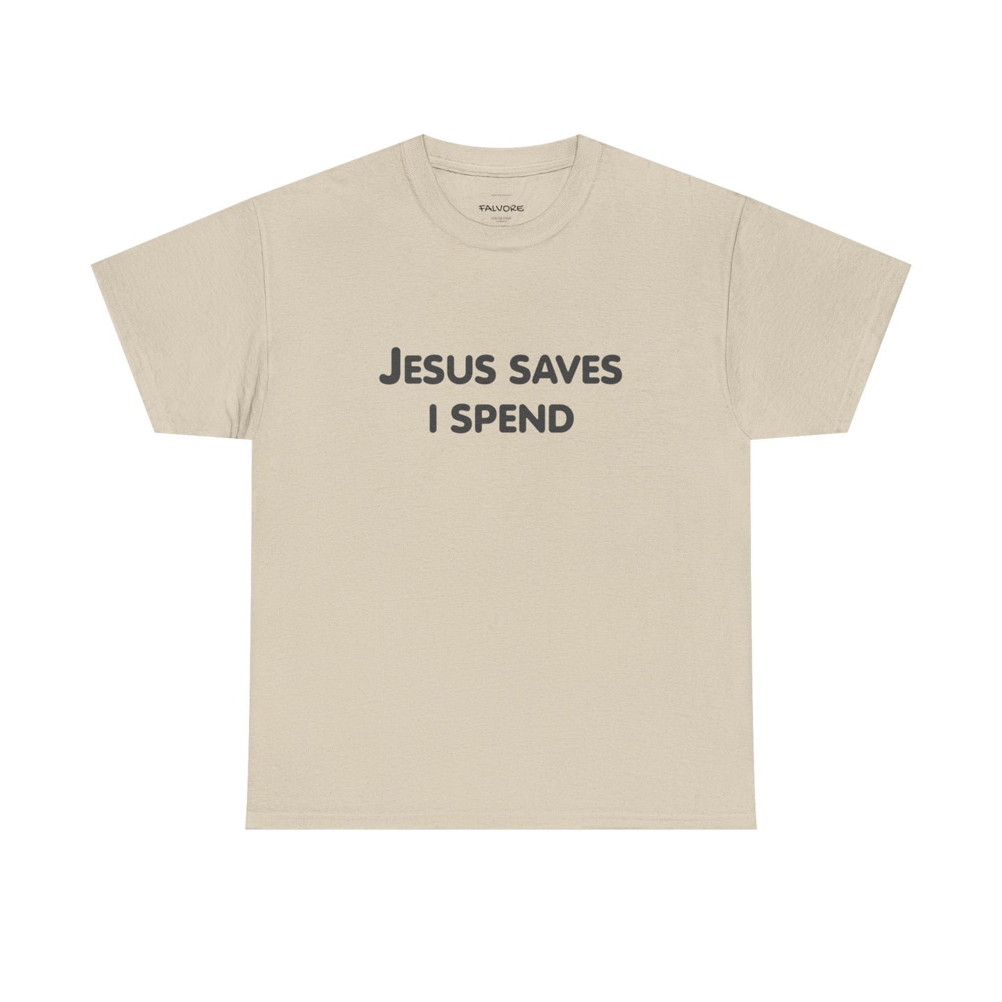 Beige t-shirt with black text on a white background