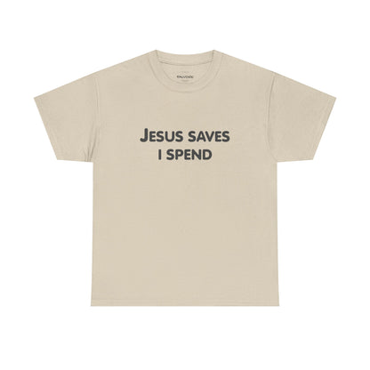 Beige t-shirt with black text on a white background
