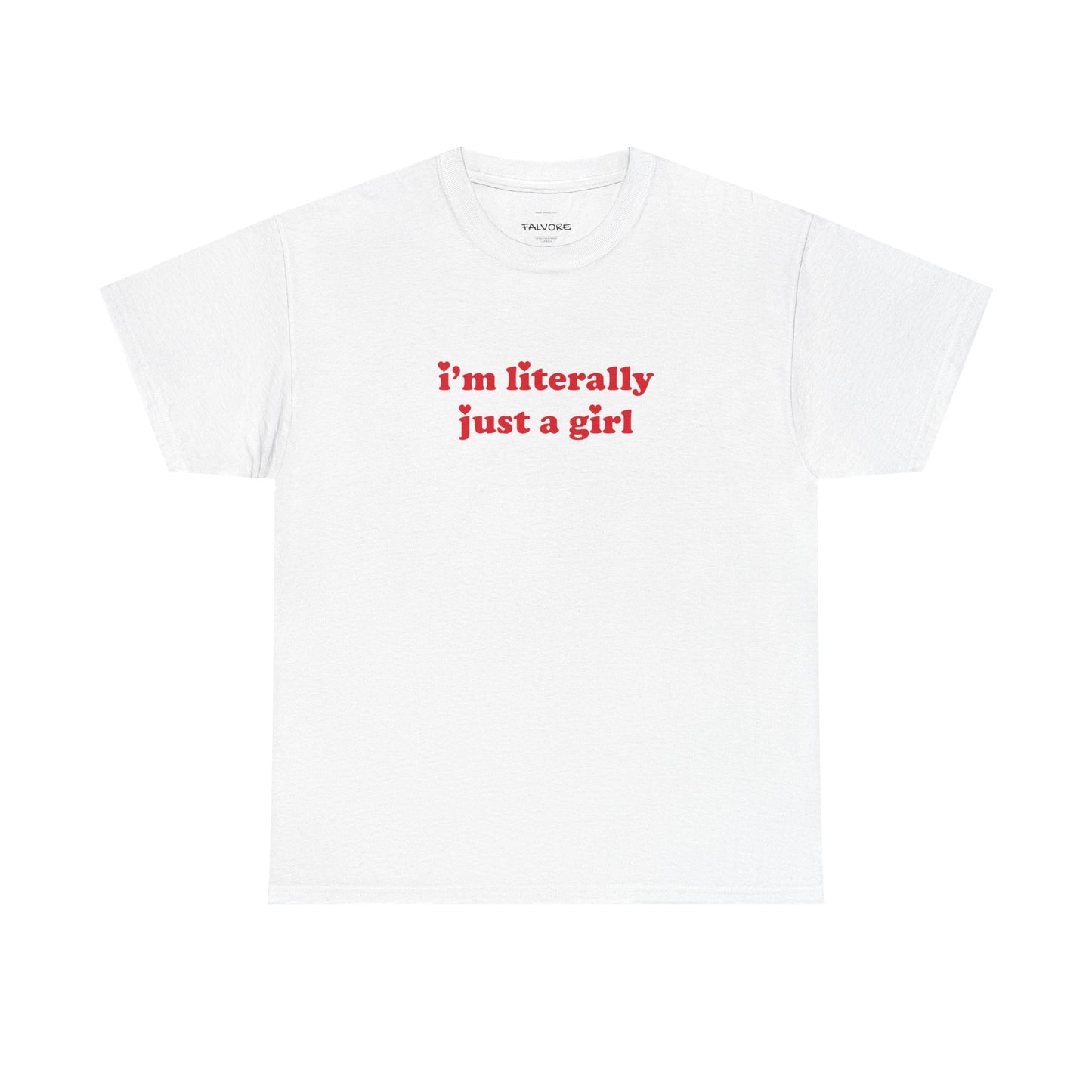 White t-shirt with text in red on a white background