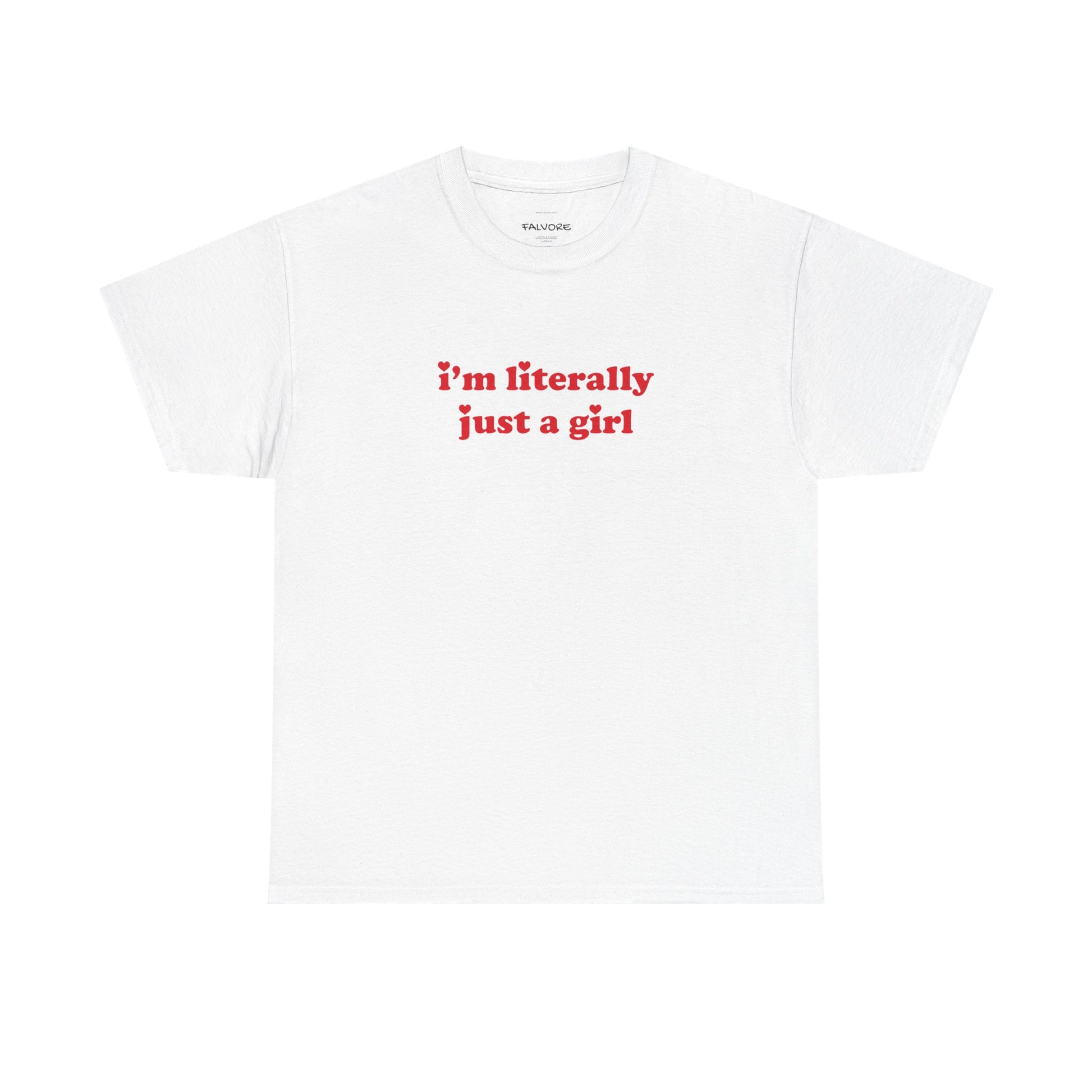 White t-shirt with text in red on a white background