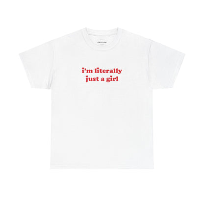 White t-shirt with text in red on a white background