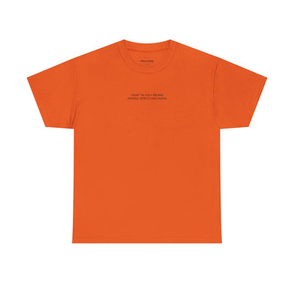 Orange t-shirt with black text on a white background