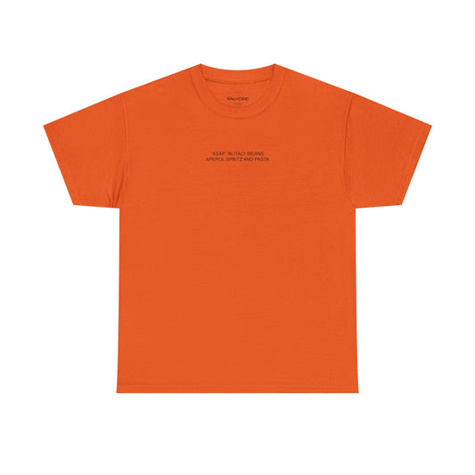 Orange t-shirt with black text on a white background