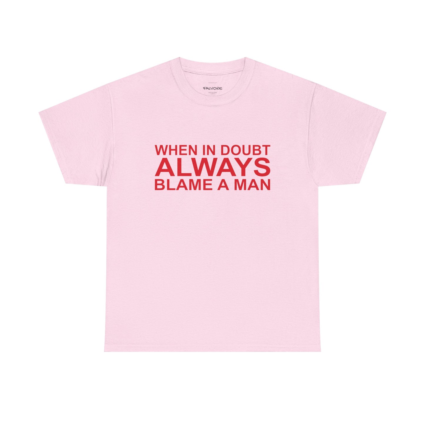 Pink t-shirt with red text on a white background