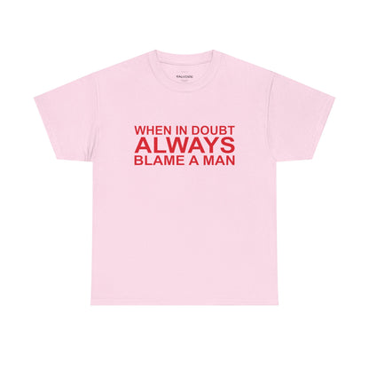 Pink t-shirt with red text on a white background