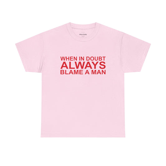 Pink t-shirt with red text on a white background