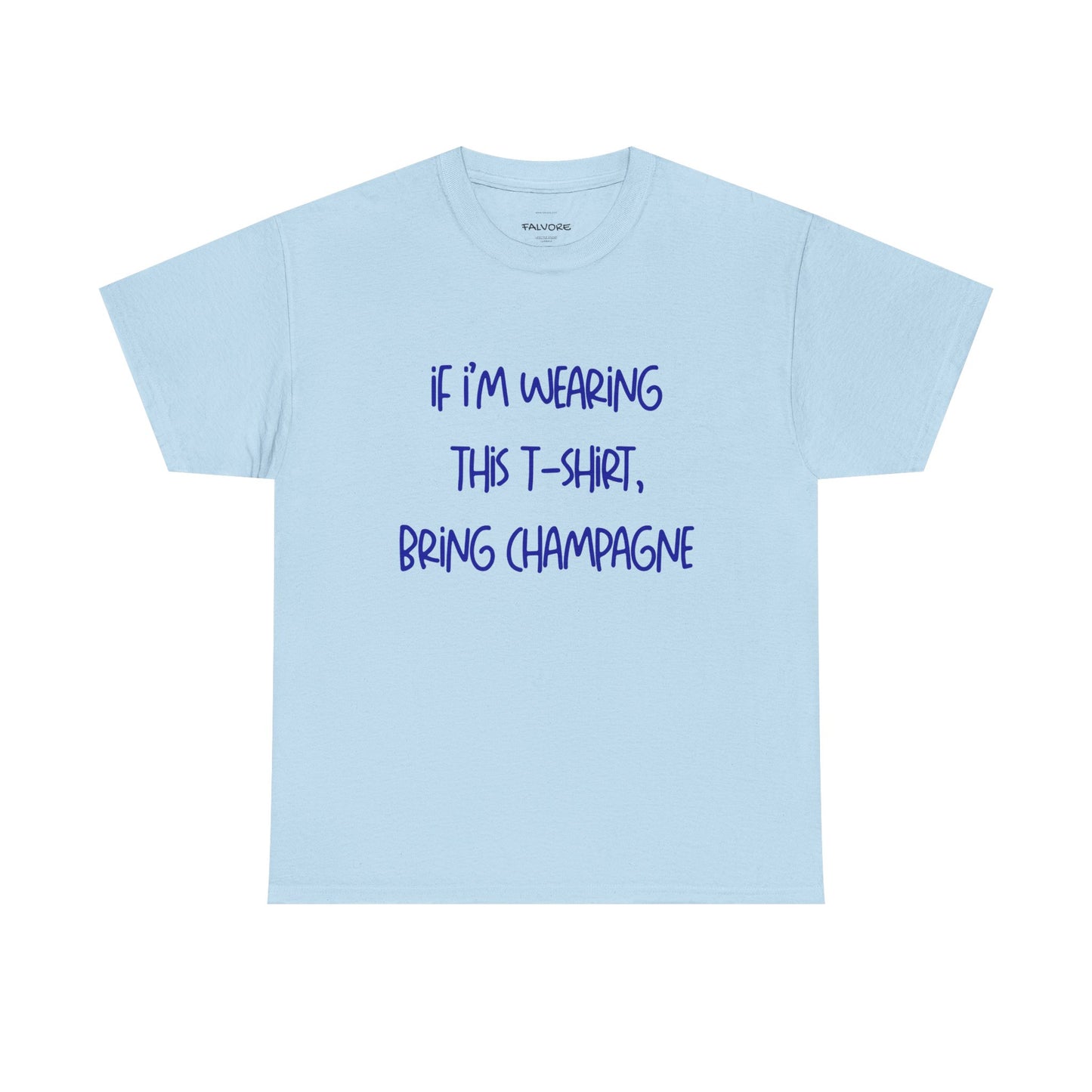 Light blue t-shirt with purple text on a white background