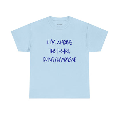 Light blue t-shirt with purple text on a white background