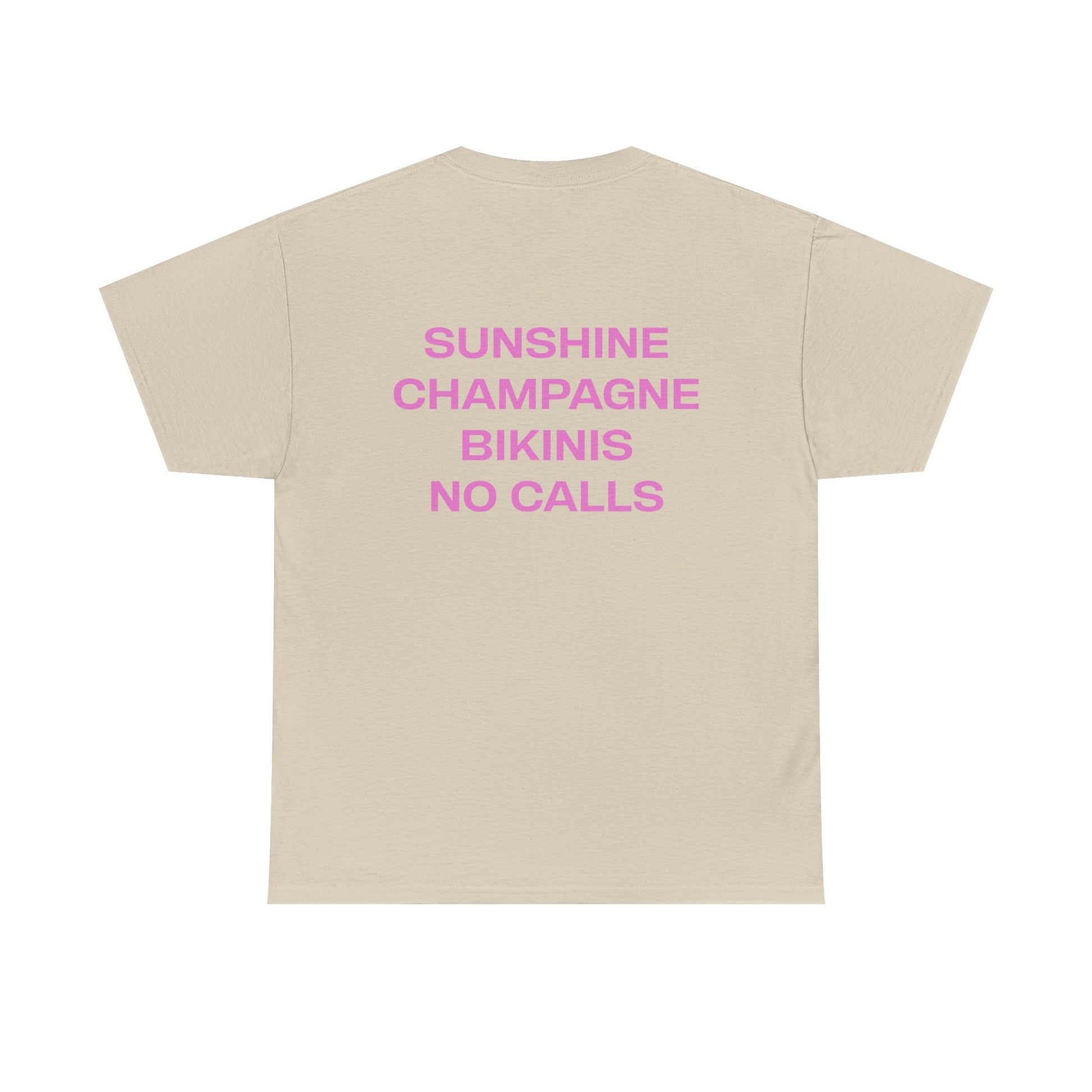 Beige t-shirt with pink text on a white background