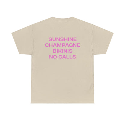 Beige t-shirt with pink text on a white background