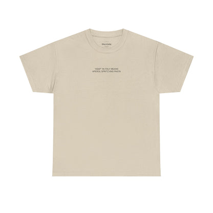 Gray t-shirt with a small logo on a white background