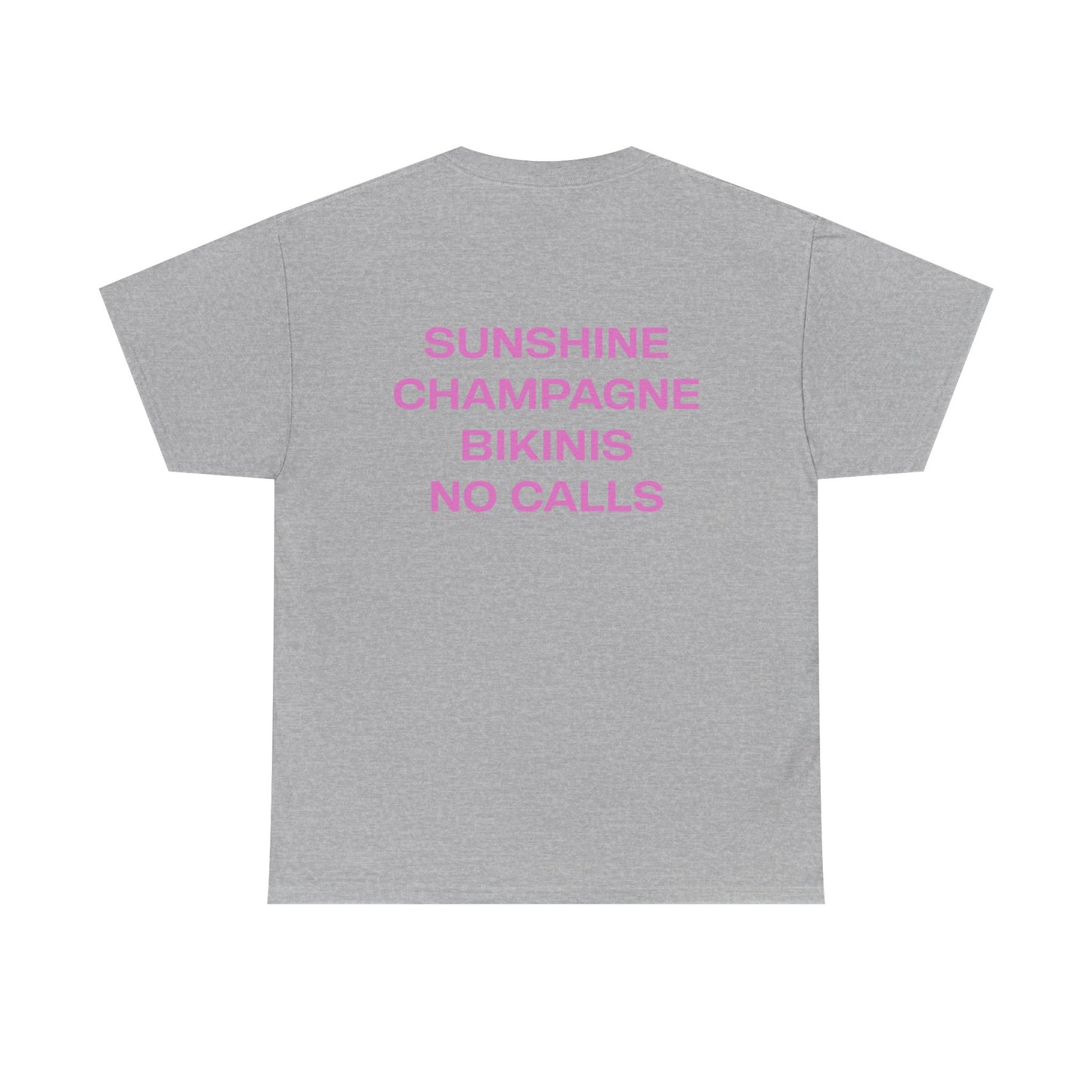 Gray t-shirt with pink text on the back on a white background