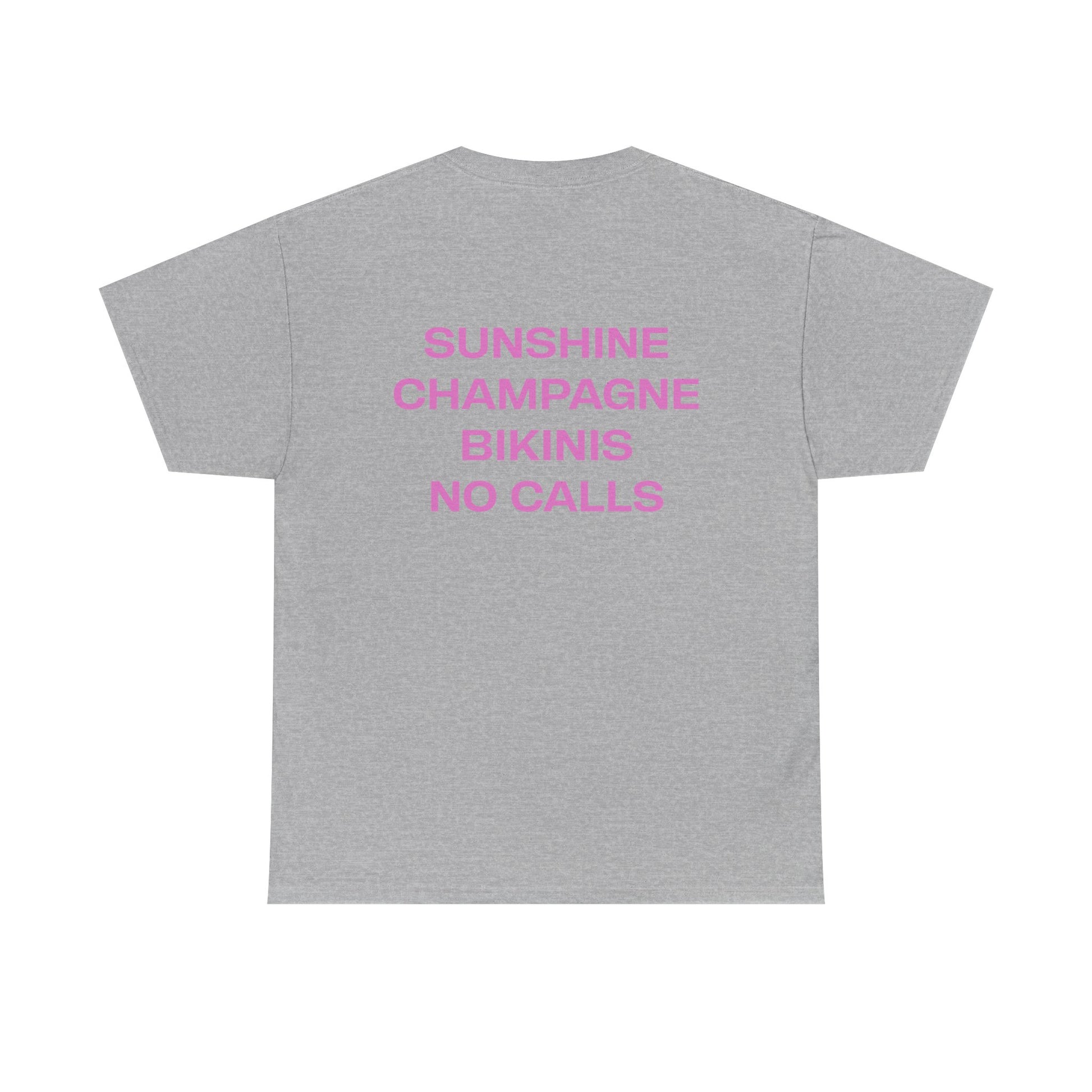 Gray t-shirt with pink text on the back on a white background