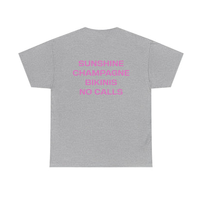 Gray t-shirt with pink text on the back on a white background