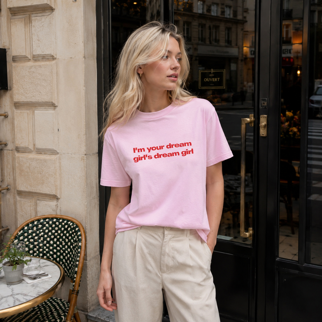 Woman wearing a pink t-shirt with text, standing outside a building.