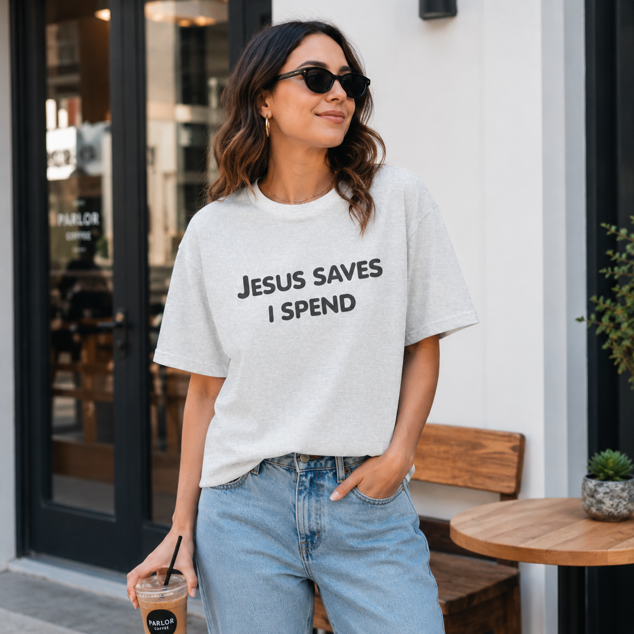 Woman wearing a white t-shirt with 'JESUS SAVES I SPEND' text, standing outside a building.