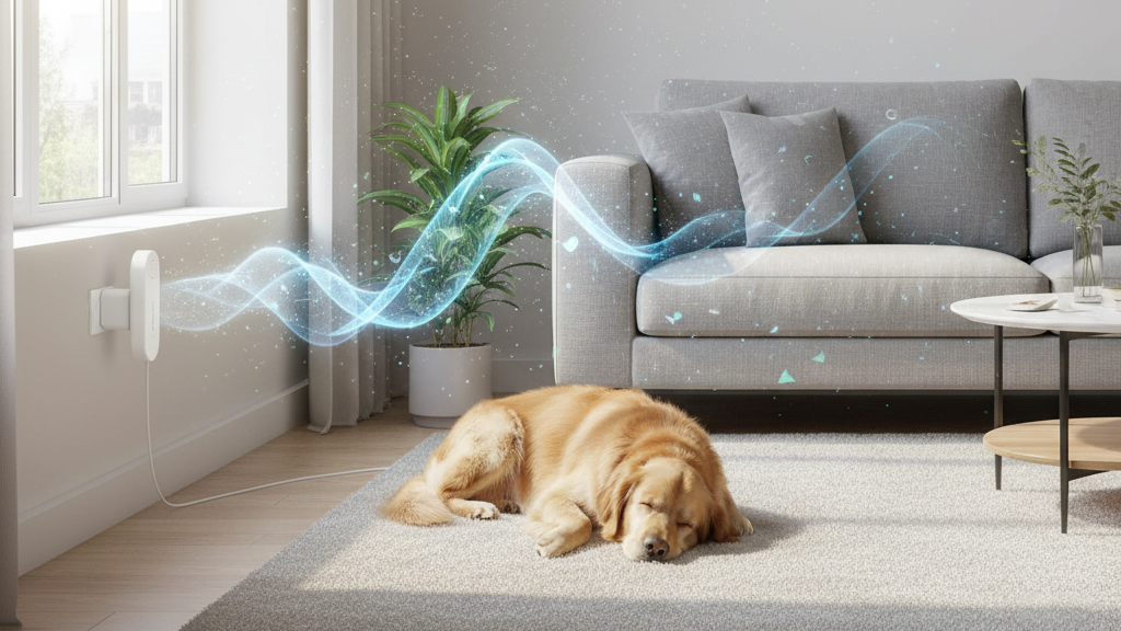 Dog lying on a rug in a modern living room with a gray sofa and plant.