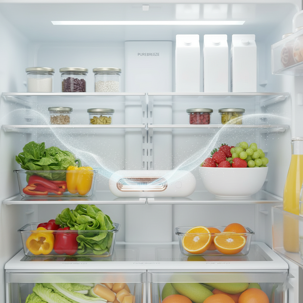 Open refrigerator with various food items on the shelves