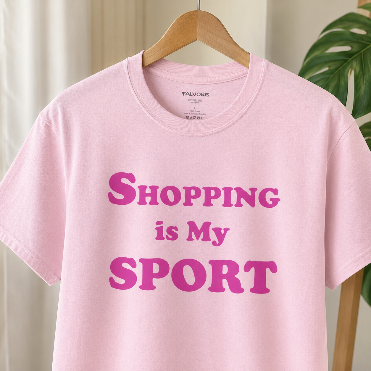 Pink t-shirt with 'Shopping is My Sport' text on a hanger against a neutral background.